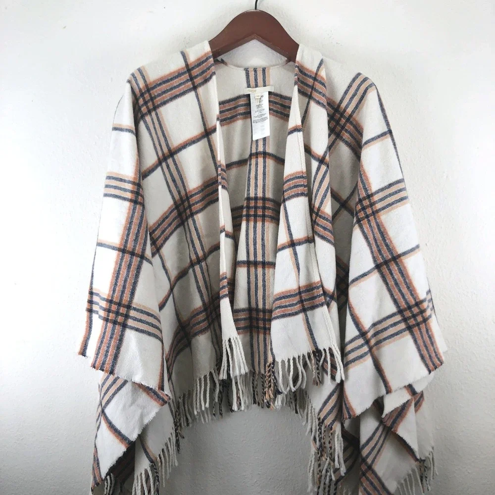 Made in Italy Maje Marengo Plaid Poncho Wrap Shawl Fringe Trim Cream Navy Orange